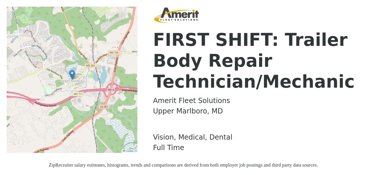 Amerit Fleet Solutions job posting for a FIRST SHIFT: Trailer Body Repair Technician/Mechanic in Upper Marlboro, MD with a salary of $21 to $29 Hourly and benefits including medical, retirement, vision, dental, and life_insurance with a map of Upper Marlboro location.