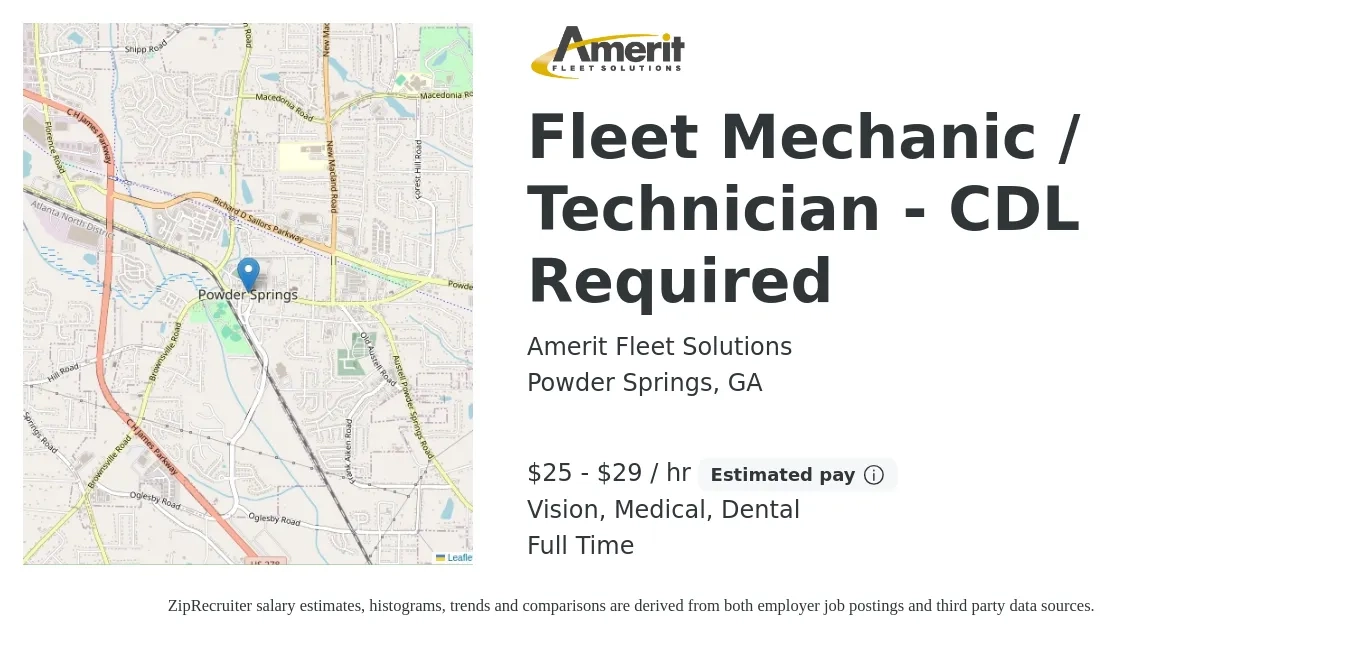 Amerit Fleet Solutions job posting for a Fleet Mechanic / Technician - CDL Required in Powder Springs, GA with a salary of $26 to $31 Hourly and benefits including life_insurance, medical, pto, retirement, vision, and dental with a map of Powder Springs location.