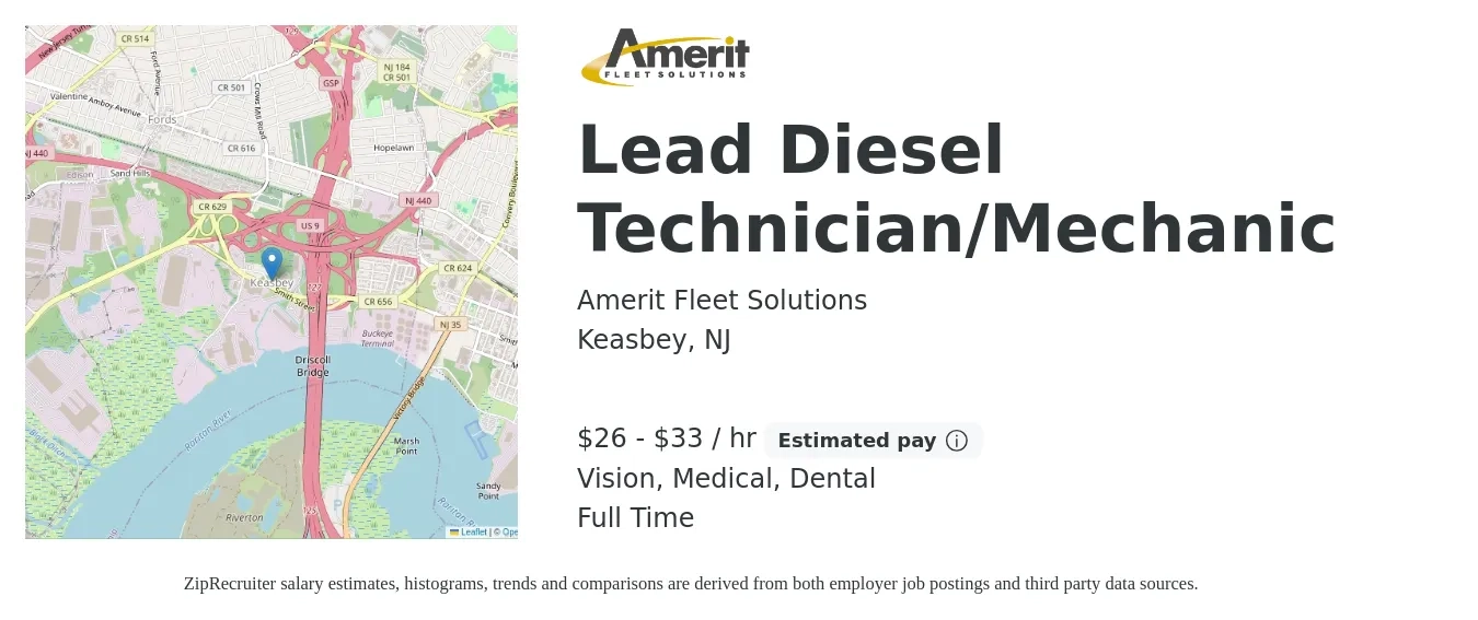 Amerit Fleet Solutions job posting for a Lead Diesel Technician/Mechanic in Keasbey, NJ with a salary of $28 to $35 Hourly and benefits including vision, dental, life_insurance, medical, and retirement with a map of Keasbey location.