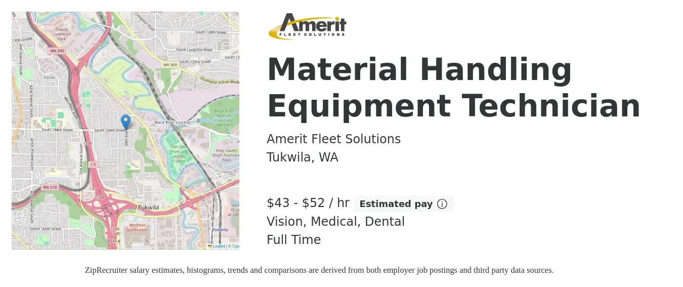 Amerit Fleet Solutions job posting for a Material Handling Equipment Technician in Tukwila, WA with a salary of $45 to $55 Hourly and benefits including dental, medical, retirement, and vision with a map of Tukwila location.