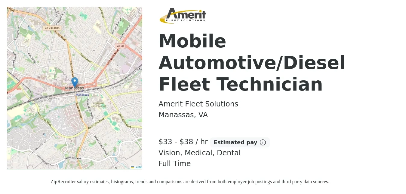 Amerit Fleet Solutions job posting for a Mobile Automotive/Diesel Fleet Technician in Manassas, VA with a salary of $35 to $40 Hourly (plus commission) and benefits including pto, retirement, vision, dental, life_insurance, and medical with a map of Manassas location.