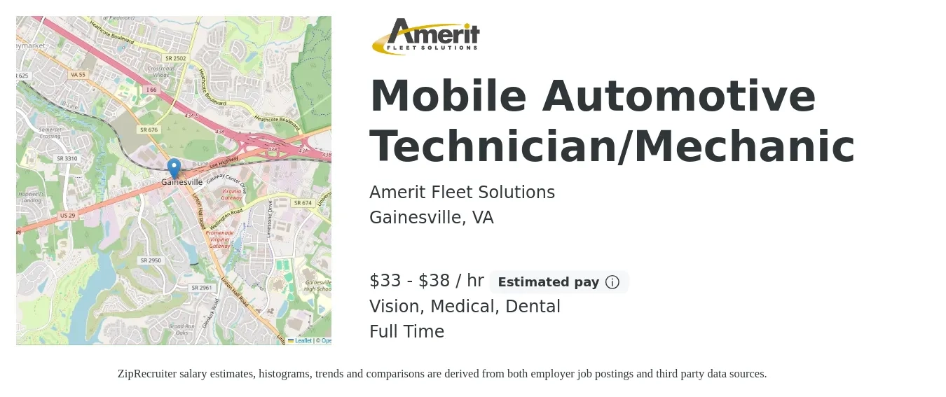 Amerit Fleet Solutions job posting for a Mobile Automotive Technician/Mechanic in Gainesville, VA with a salary of $35 to $40 Hourly and benefits including pto, retirement, vision, dental, life_insurance, and medical with a map of Gainesville location.