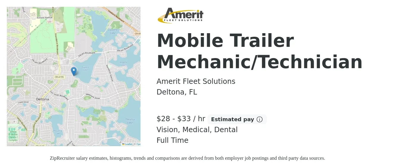 Amerit Fleet Solutions job posting for a Mobile Trailer Mechanic/Technician in Deltona, FL with a salary of $30 to $35 Hourly (plus commission) and benefits including retirement, vision, dental, life_insurance, medical, and pto with a map of Deltona location.
