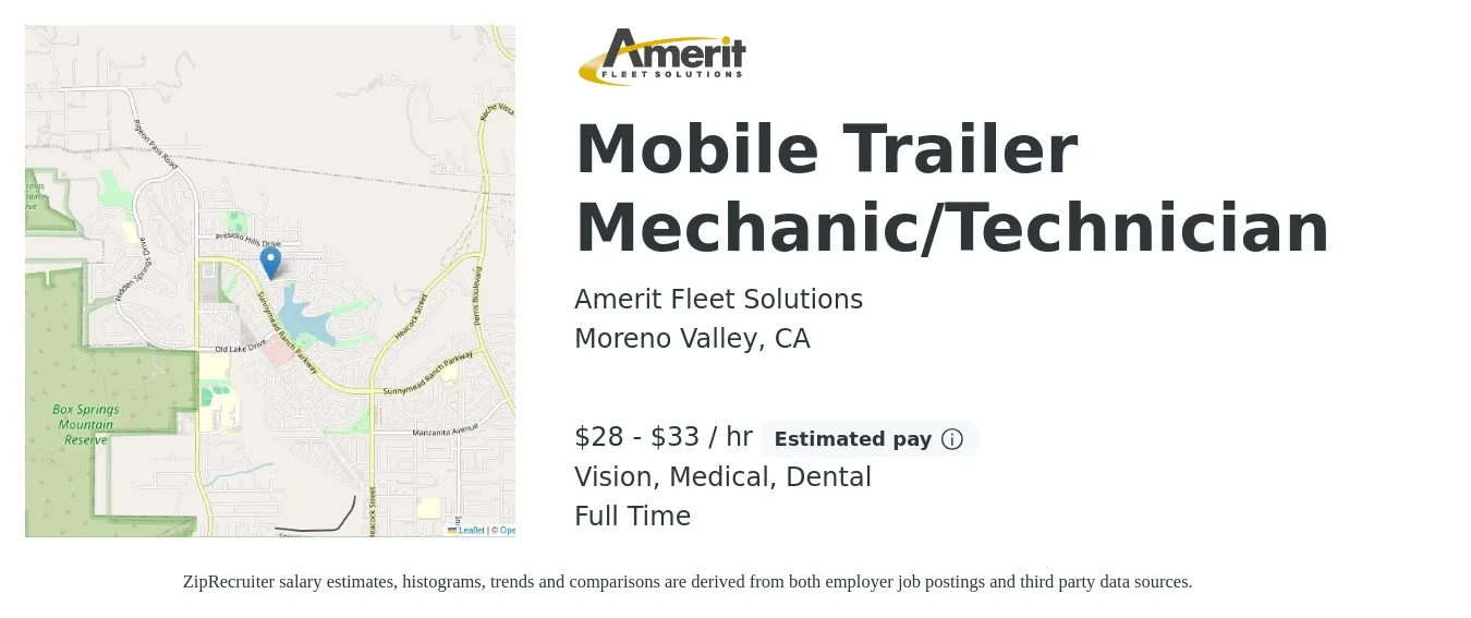 Amerit Fleet Solutions job posting for a Mobile Trailer Mechanic/Technician in Moreno Valley, CA with a salary of $30 to $35 Hourly (plus commission) and benefits including dental, life_insurance, medical, pto, retirement, and vision with a map of Moreno Valley location.