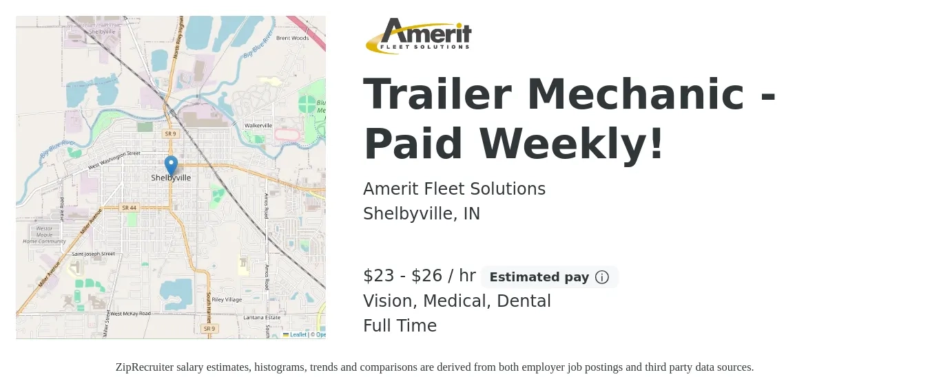 Amerit Fleet Solutions job posting for a Trailer Mechanic - Paid Weekly! in Shelbyville, IN with a salary of $24 to $28 Hourly and benefits including retirement, vision, dental, medical, and pto with a map of Shelbyville location.