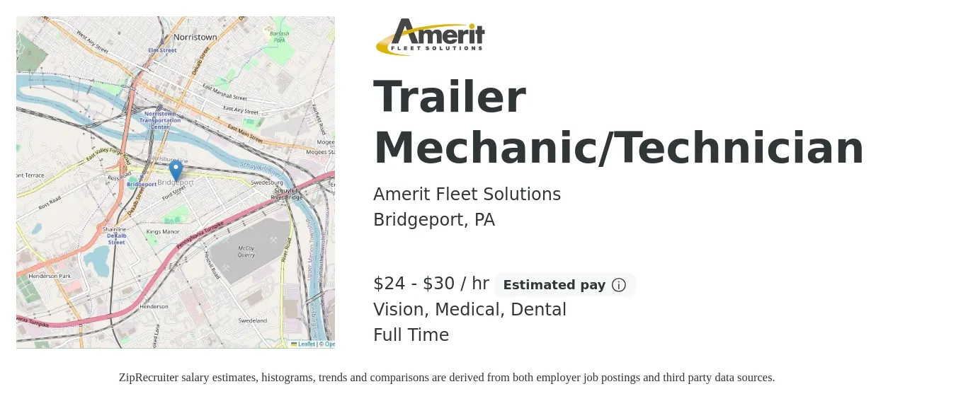 Amerit Fleet Solutions job posting for a Trailer Mechanic/Technician in Bridgeport, PA with a salary of $25 to $32 Hourly and benefits including medical, retirement, vision, dental, and life_insurance with a map of Bridgeport location.