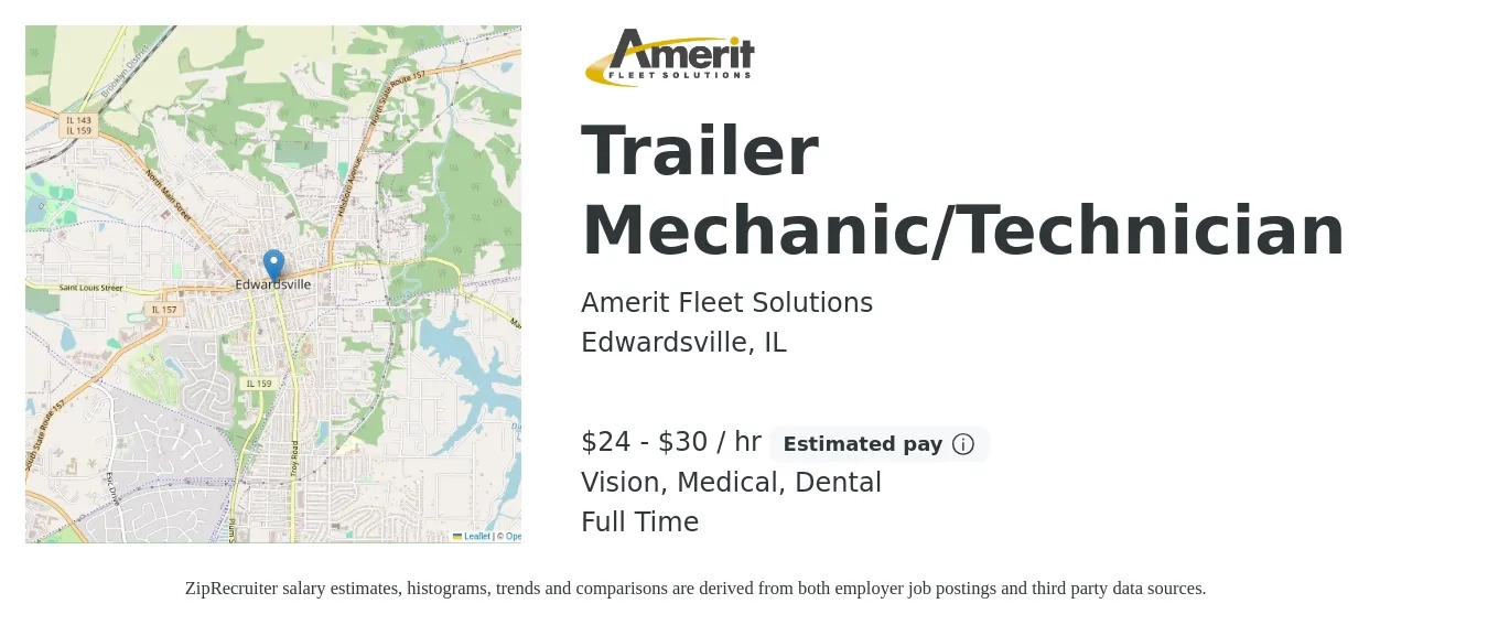 Amerit Fleet Solutions job posting for a Trailer Mechanic/Technician in Edwardsville, IL with a salary of $25 to $32 Hourly and benefits including dental, life_insurance, medical, pto, retirement, and vision with a map of Edwardsville location.