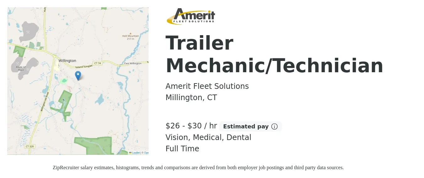Amerit Fleet Solutions job posting for a Trailer Mechanic/Technician in Millington, CT with a salary of $28 to $32 Hourly (plus commission) and benefits including dental, life_insurance, medical, pto, retirement, and vision with a map of Millington location.