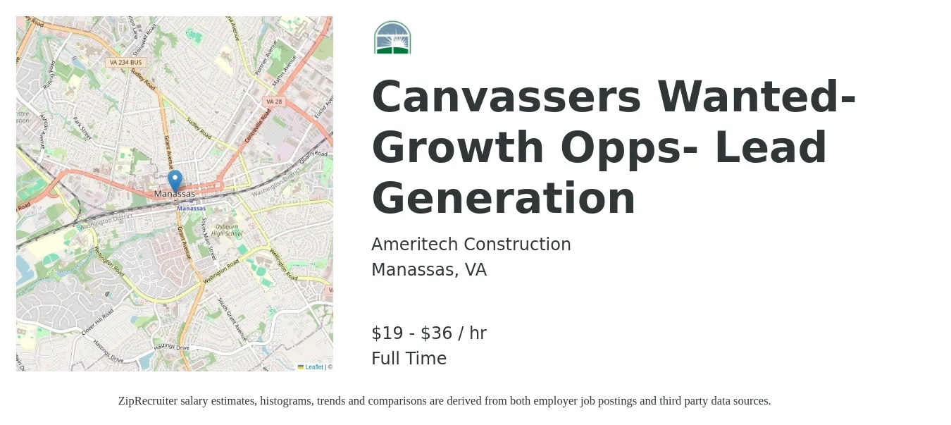 Ameritech Construction job posting for a Canvassers Wanted- Growth Opps- Lead Generation in Manassas, VA with a salary of $20 to $38 Hourly with a map of Manassas location.