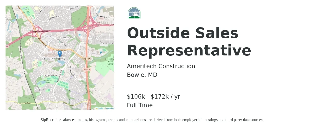 Ameritech Construction job posting for a Outside Sales Representative in Bowie, MD with a salary of $106,000 to $172,000 Yearly with a map of Bowie location.