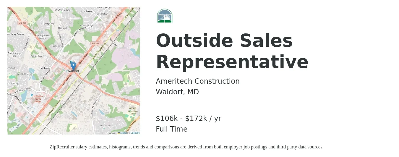 Ameritech Construction job posting for a Outside Sales Representative in Waldorf, MD with a salary of $106,000 to $172,000 Yearly with a map of Waldorf location.