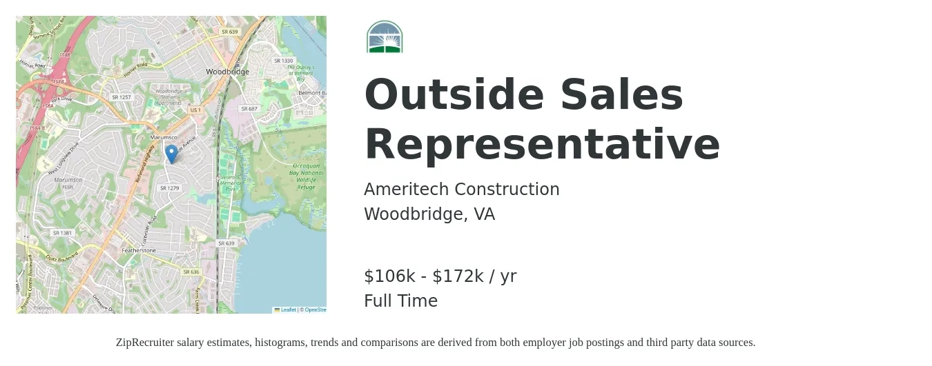 Ameritech Construction job posting for a Outside Sales Representative in Woodbridge, VA with a salary of $106,000 to $172,000 Yearly with a map of Woodbridge location.