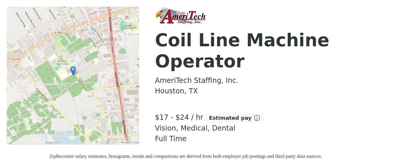 AmeriTech Staffing, Inc. job posting for a Coil Line Machine Operator in Houston, TX with a salary of $18 to $25 Hourly and benefits including medical, vision, and dental with a map of Houston location.