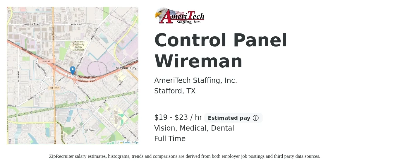 AmeriTech Staffing, Inc. job posting for a Control Panel Wireman in Stafford, TX with a salary of $20 to $24 Hourly and benefits including vision, dental, and medical with a map of Stafford location.