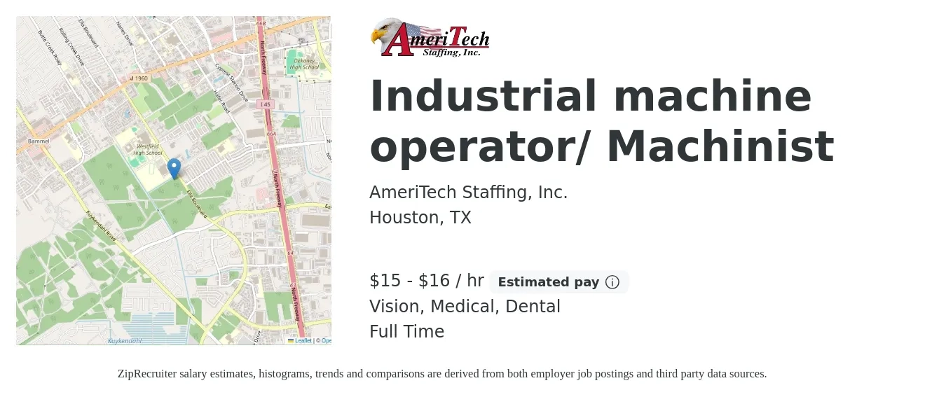AmeriTech Staffing, Inc. job posting for a Industrial machine operator/ Machinist in Houston, TX with a salary of $16 to $17 Hourly and benefits including dental, medical, and vision with a map of Houston location.