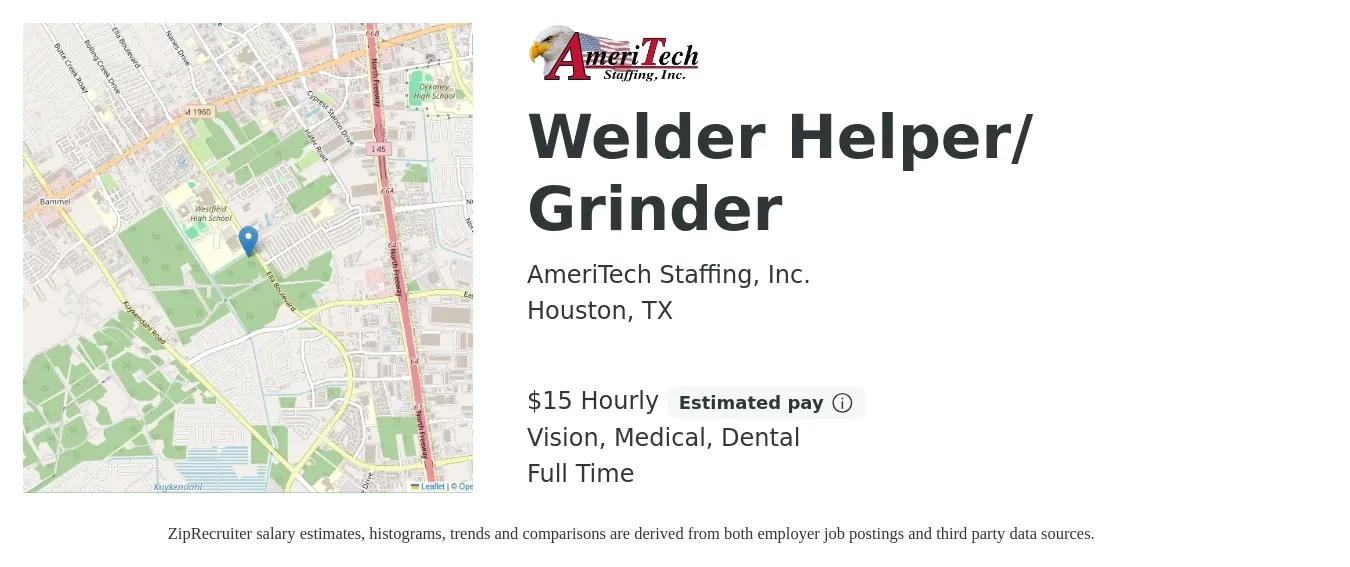 AmeriTech Staffing, Inc. job posting for a Welder Helper/ Grinder in Houston, TX with a salary of $16 Hourly and benefits including dental, medical, and vision with a map of Houston location.