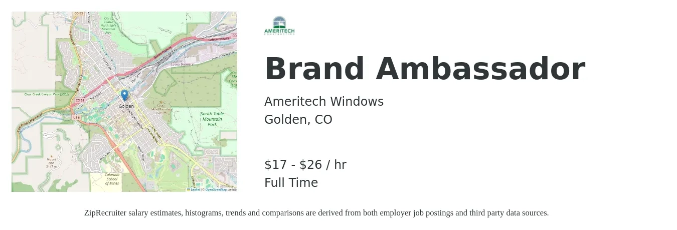Ameritech Windows job posting for a Brand Ambassador in Golden, CO with a salary of $18 to $28 Hourly with a map of Golden location.