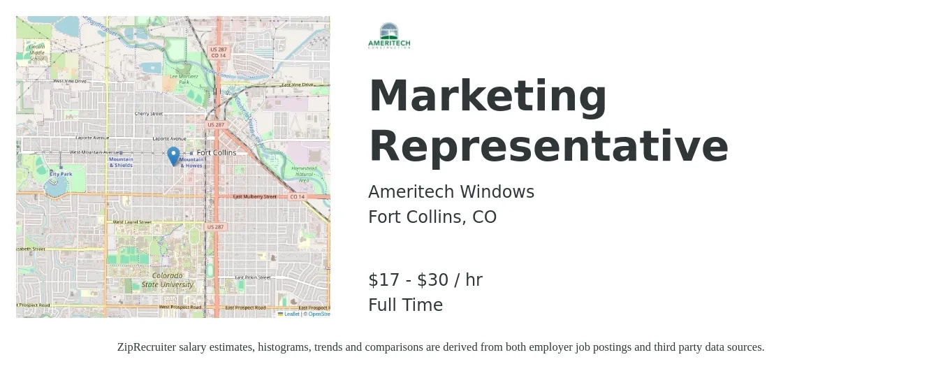 Ameritech Windows job posting for a Marketing Representative in Fort Collins, CO with a salary of $18 to $32 Hourly with a map of Fort Collins location.