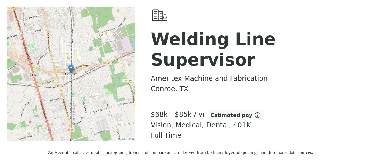 Ameritex Machine and Fabrication job posting for a Welding Line Supervisor in Conroe, TX with a salary of $68,000 to $85,000 Yearly and benefits including 401k, dental, medical, and vision with a map of Conroe location.
