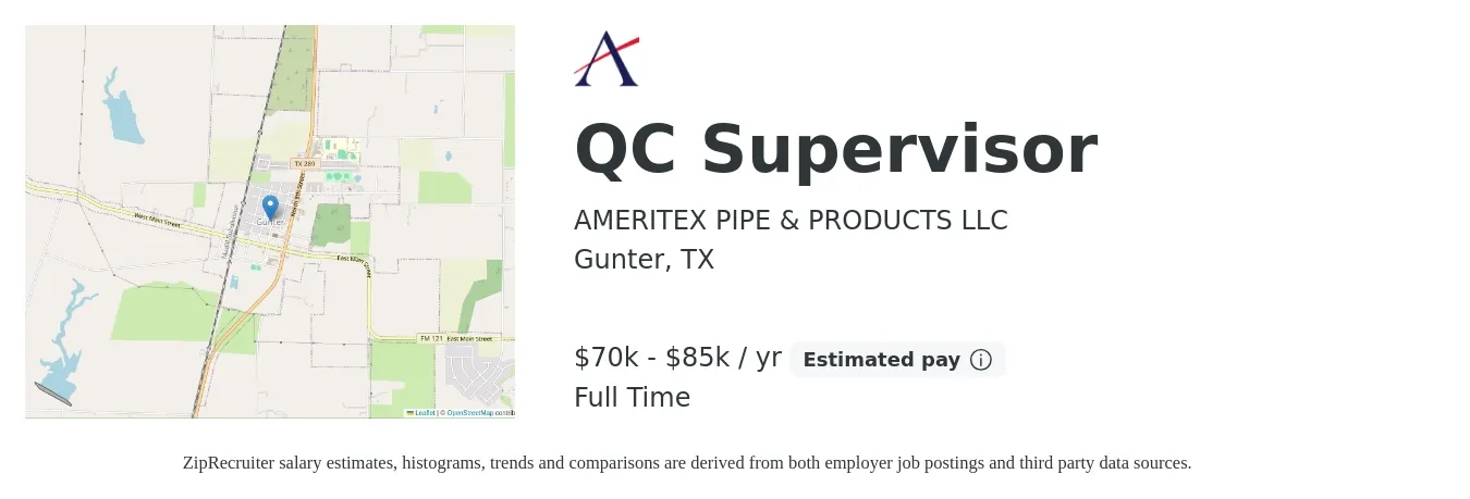 AMERITEX PIPE & PRODUCTS LLC job posting for a QC Supervisor in Gunter, TX with a salary of $70,000 to $85,000 Yearly with a map of Gunter location.