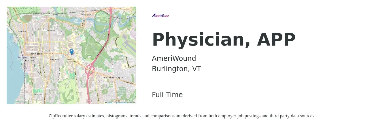 AmeriWound job posting for a Physician, APP in Burlington, VT with a salary of $18,000 to $20,000 Monthly with a map of Burlington location.