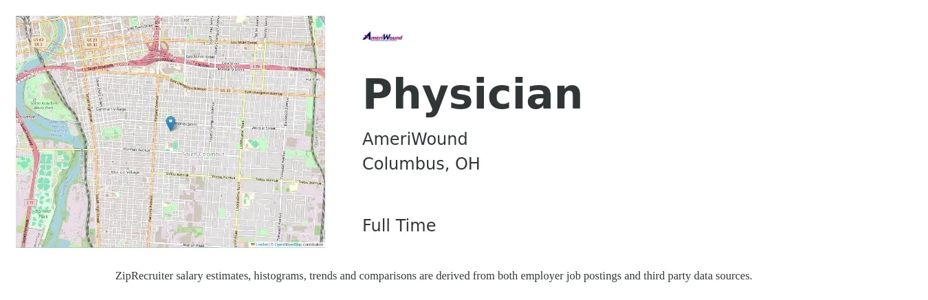 AmeriWound job posting for a Physician in Columbus, OH with a salary of $115,900 to $241,500 Yearly with a map of Columbus location.