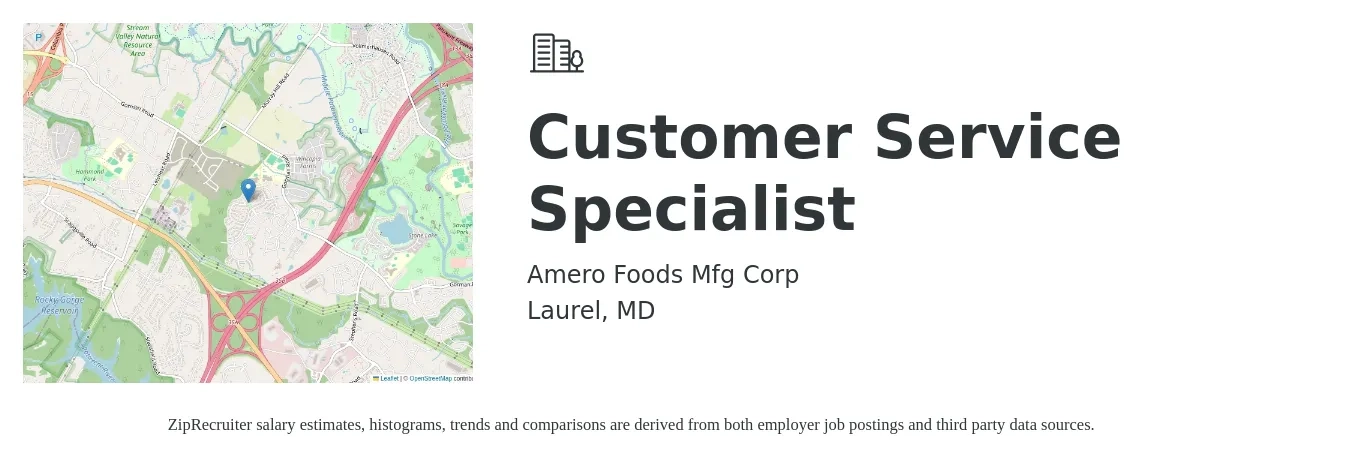 Amero Foods Mfg corp job posting for a Customer Service Specialist in Laurel, MD with a salary of $18 to $23 Hourly with a map of Laurel location.