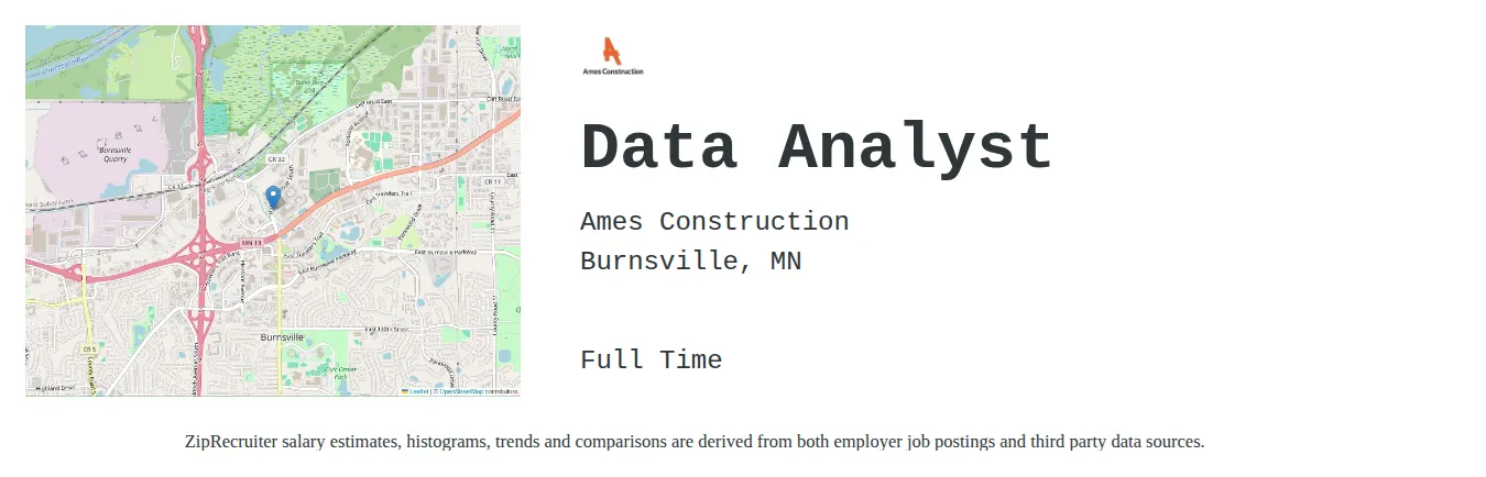 Ames Construction job posting for a Data Analyst in Burnsville, MN with a salary of $64,400 to $99,900 Annually with a map of Burnsville location.