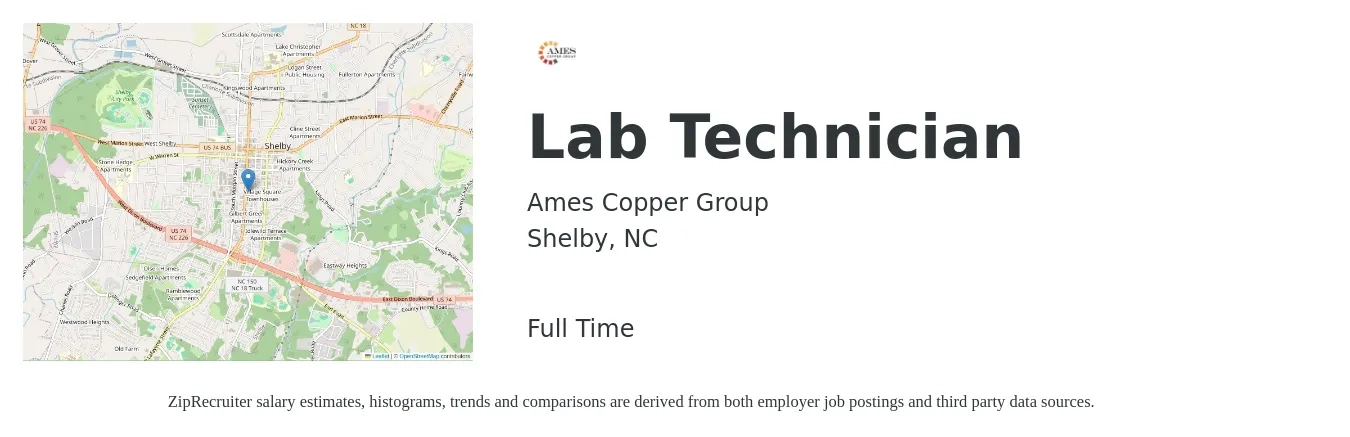 Ames Copper Group LLC job posting for a Lab Technician in Shelby, NC with a salary of $16 to $21 Hourly with a map of Shelby location.