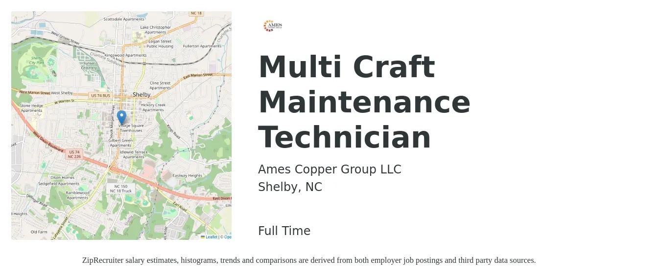 Ames Copper Group LLC job posting for a Multi Craft Maintenance Technician in Shelby, NC with a salary of $23 to $28 Hourly with a map of Shelby location.