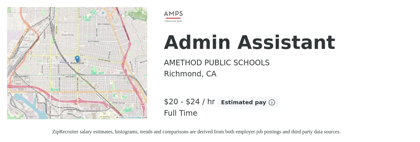 AMETHOD PUBLIC SCHOOLS job posting for a Admin Assistant in Richmond, CA with a salary of $21 to $25 Hourly with a map of Richmond location.