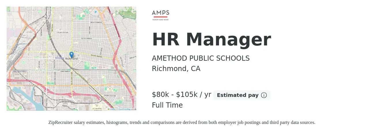 AMETHOD PUBLIC SCHOOLS job posting for a HR Manager in Richmond, CA with a salary of $80,000 to $105,000 Yearly with a map of Richmond location.