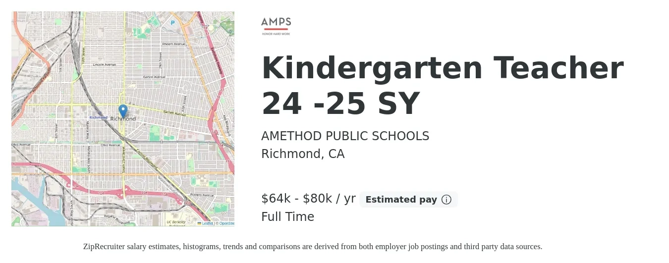 AMETHOD PUBLIC SCHOOLS job posting for a Kindergarten Teacher 24 -25 SY in Richmond, CA with a salary of $64,000 to $80,000 Yearly with a map of Richmond location.