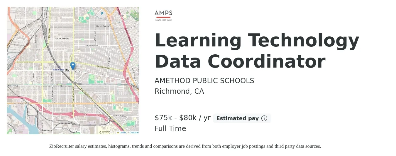 AMETHOD PUBLIC SCHOOLS job posting for a Learning Technology Data Coordinator in Richmond, CA with a salary of $75,000 to $80,000 Yearly with a map of Richmond location.