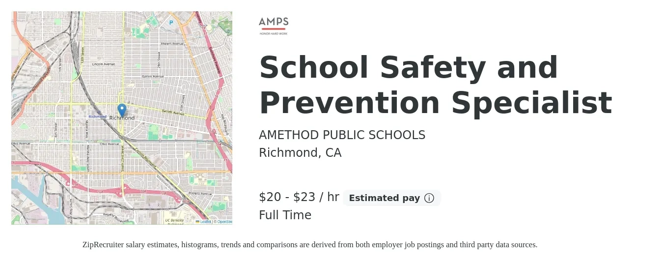 AMETHOD PUBLIC SCHOOLS job posting for a School Safety and Prevention Specialist in Richmond, CA with a salary of $21 to $24 Hourly with a map of Richmond location.