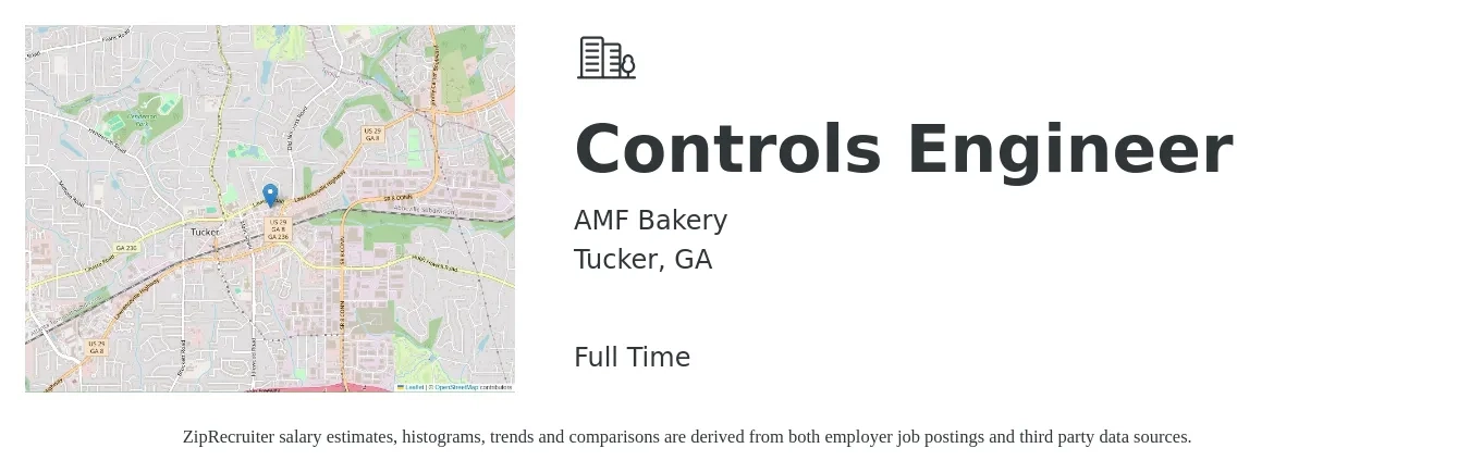 AMF Bakery job posting for a Controls Engineer in Tucker, GA with a salary of $78,700 to $101,800 Yearly with a map of Tucker location.