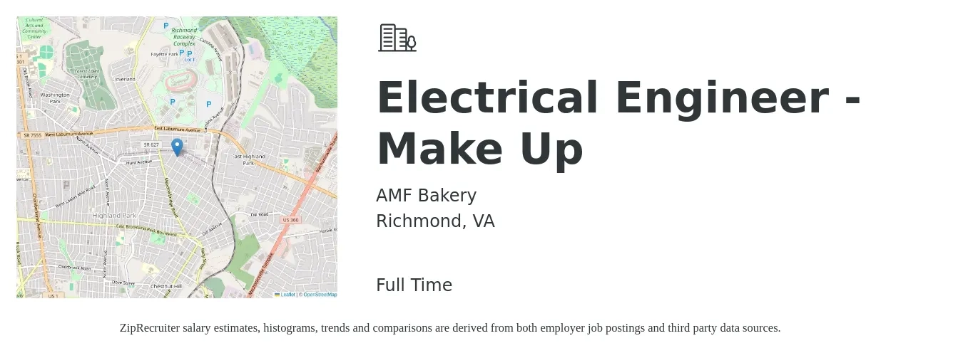 AMF Bakery job posting for a Electrical Engineer - Make Up in Richmond, VA with a salary of $76,700 to $122,000 Yearly with a map of Richmond location.