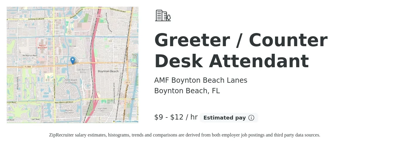 AMF Boynton Beach Lanes job posting for a Greeter / Counter Desk Attendant in Boynton Beach, FL with a salary of $10 to $13 Hourly with a map of Boynton Beach location.