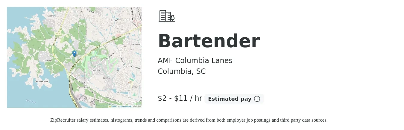 AMF Columbia Lanes job posting for a Bartender in Columbia, SC with a salary of $2 to $12 Hourly with a map of Columbia location.