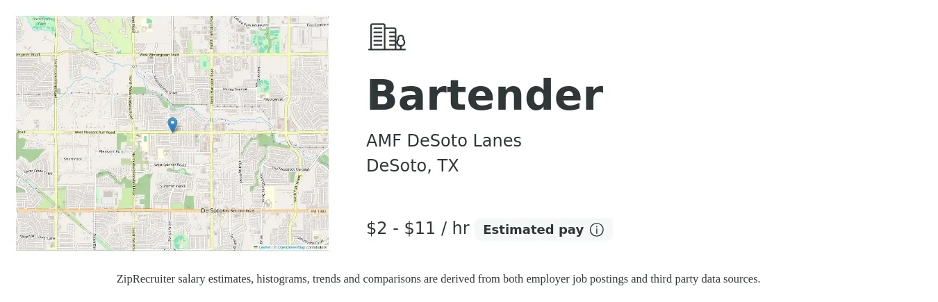 AMF DeSoto Lanes job posting for a Bartender in DeSoto, TX with a salary of $2 to $12 Hourly with a map of DeSoto location.