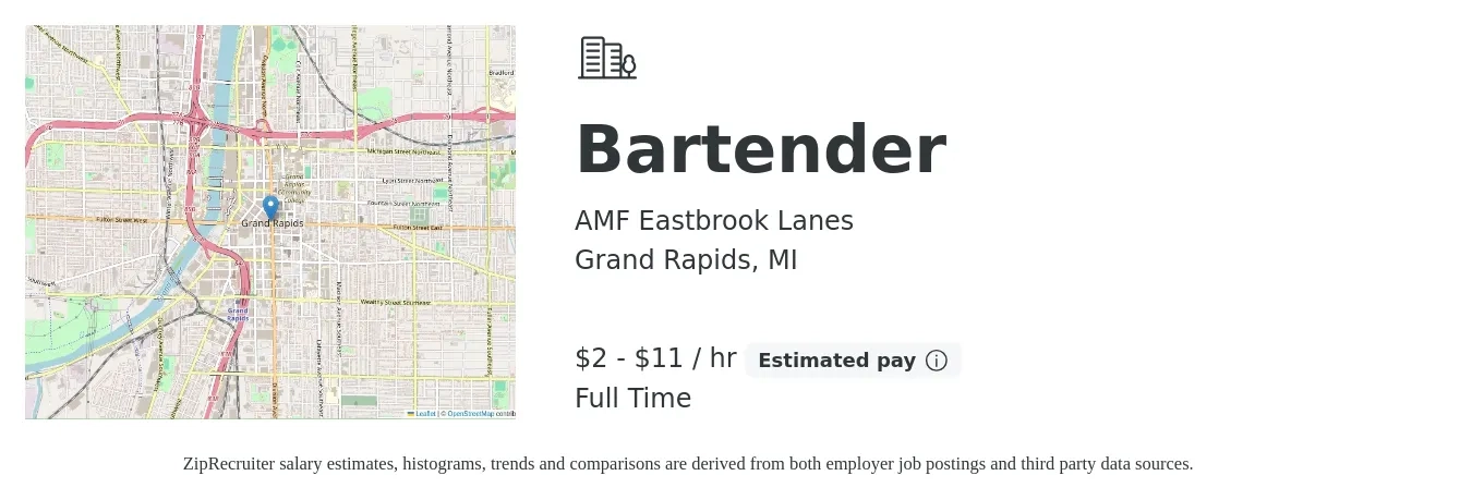 AMF Eastbrook Lanes job posting for a Bartender in Grand Rapids, MI with a salary of $2 to $12 Hourly with a map of Grand Rapids location.