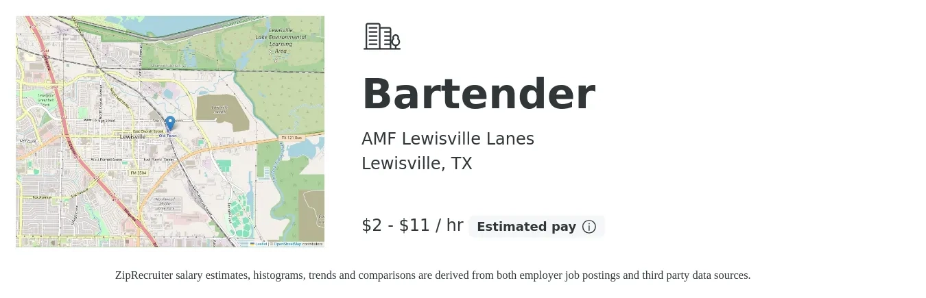 AMF Lewisville Lanes job posting for a Bartender in Lewisville, TX with a salary of $2 to $12 Hourly with a map of Lewisville location.