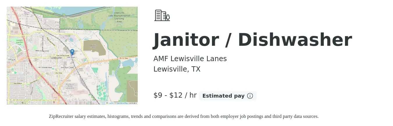 AMF Lewisville Lanes job posting for a Janitor / Dishwasher in Lewisville, TX with a salary of $10 to $13 Hourly with a map of Lewisville location.