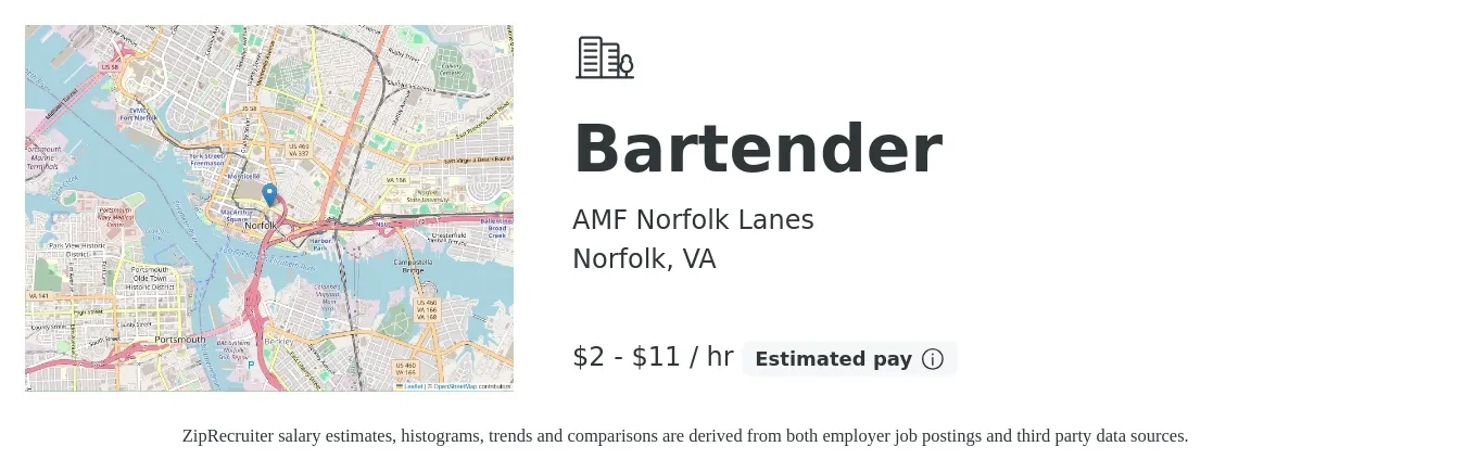 AMF Norfolk Lanes job posting for a Bartender in Norfolk, VA with a salary of $2 to $12 Hourly with a map of Norfolk location.
