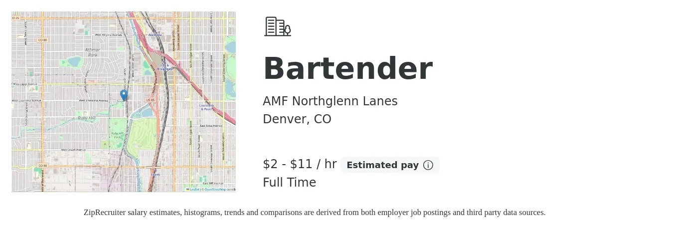 AMF Northglenn Lanes job posting for a Bartender in Denver, CO with a salary of $2 to $12 Hourly with a map of Denver location.