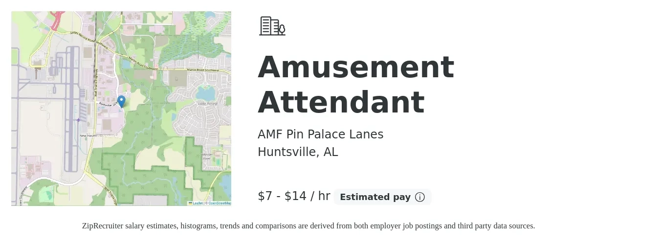 AMF Pin Palace Lanes job posting for a Amusement Attendant in Huntsville, AL with a salary of $7 to $15 Hourly with a map of Huntsville location.