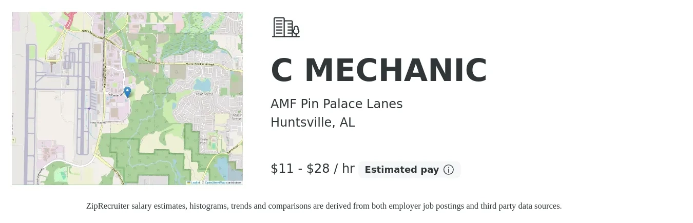 AMF Pin Palace Lanes job posting for a C MECHANIC in Huntsville, AL with a salary of $12 to $30 Hourly with a map of Huntsville location.