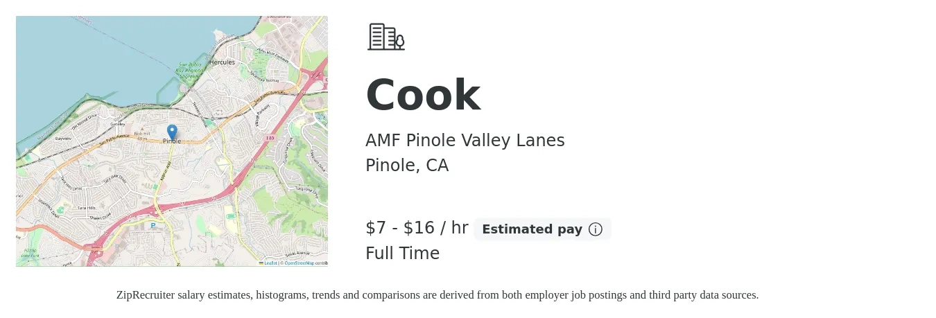AMF Pinole Valley Lanes job posting for a Cook in Pinole, CA with a salary of $8 to $17 Hourly with a map of Pinole location.