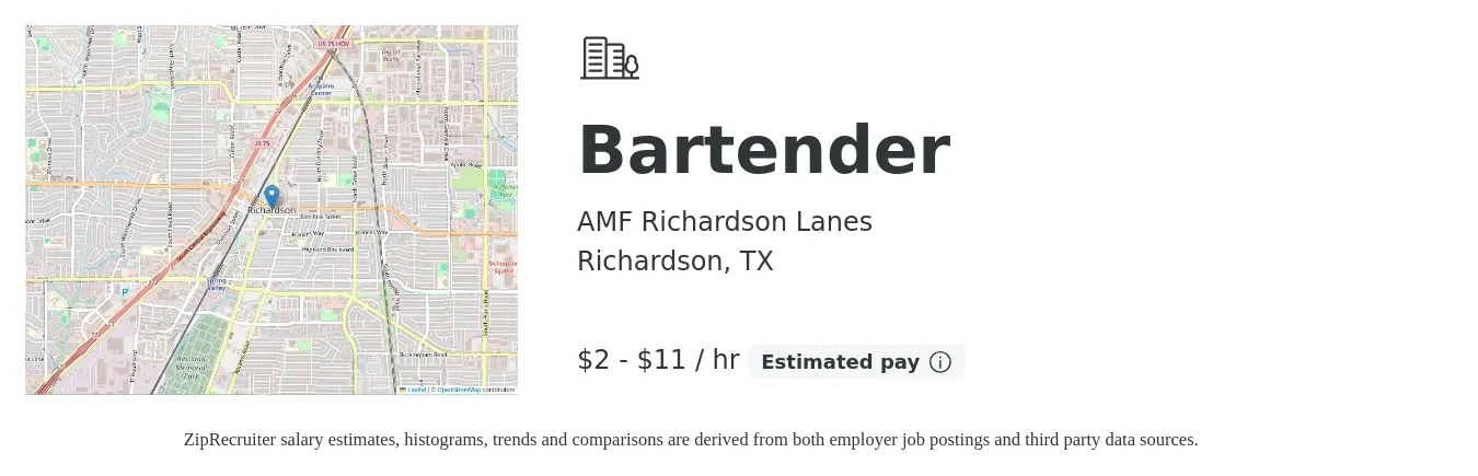 AMF Richardson Lanes job posting for a Bartender in Richardson, TX with a salary of $2 to $12 Hourly with a map of Richardson location.