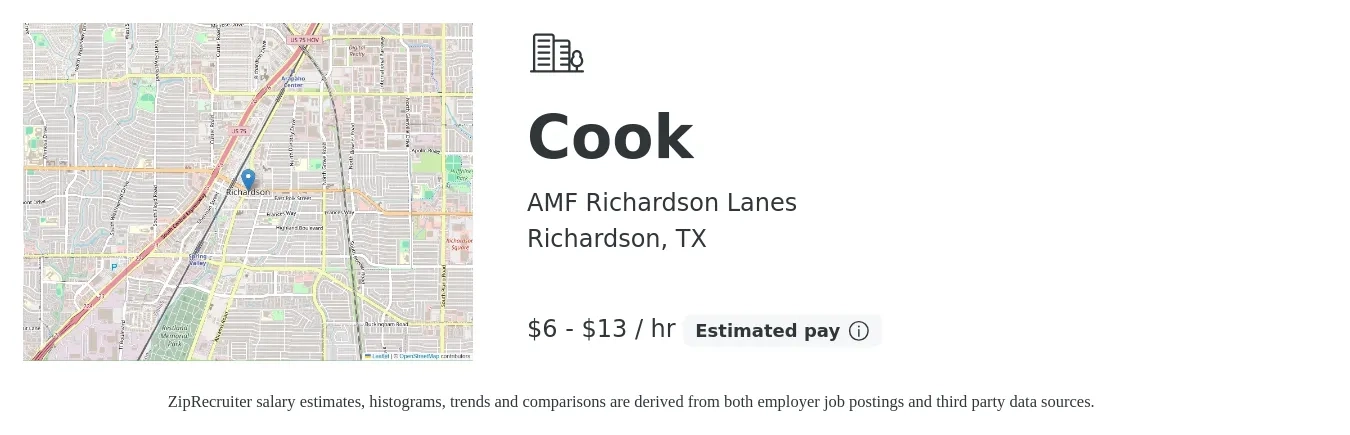 AMF Richardson Lanes job posting for a Cook in Richardson, TX with a salary of $7 to $14 Hourly with a map of Richardson location.